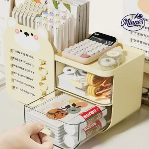 Cute Bear Desktop Organizer with 2 Drawers (Cream)