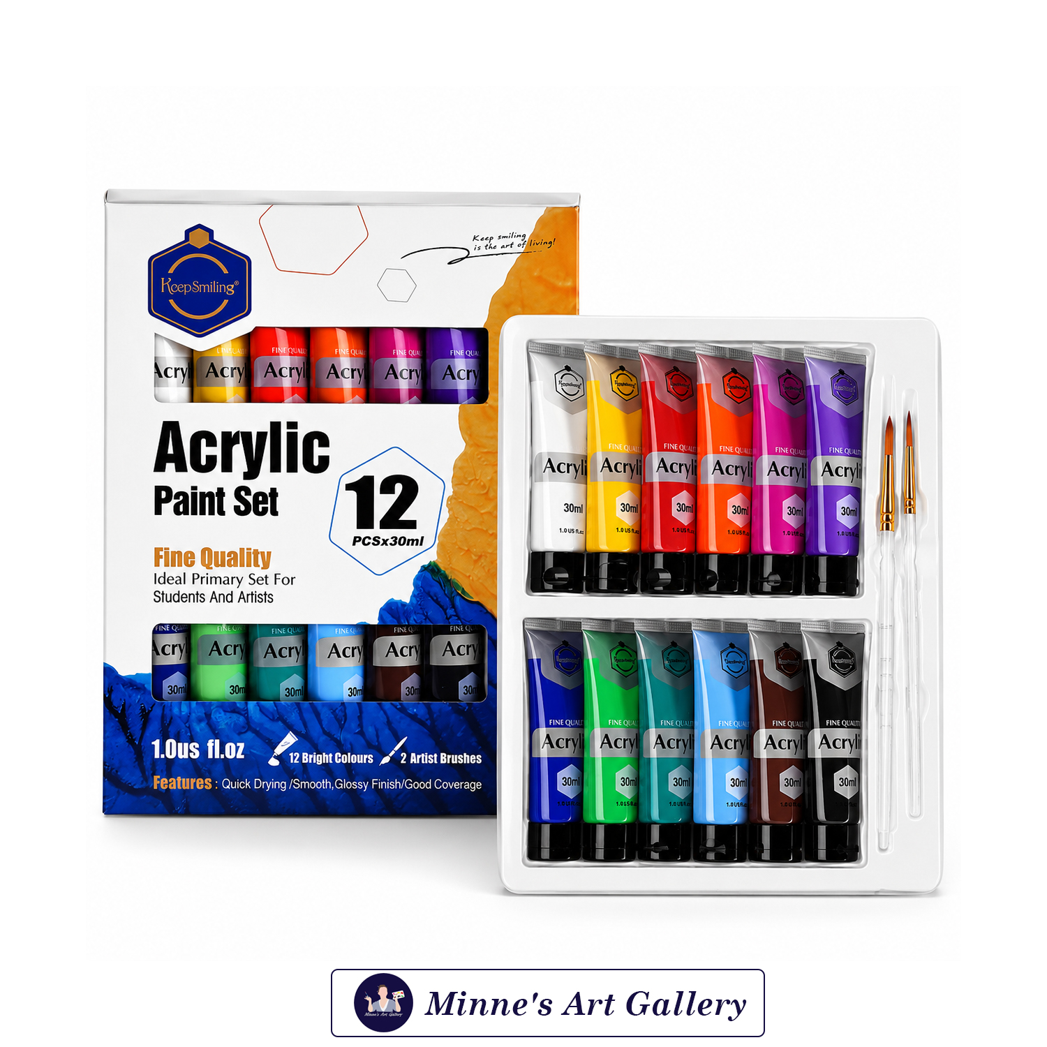 Keep Smiling Acrylic Paint Set – 12 Colors (30ml Tubes) Front View