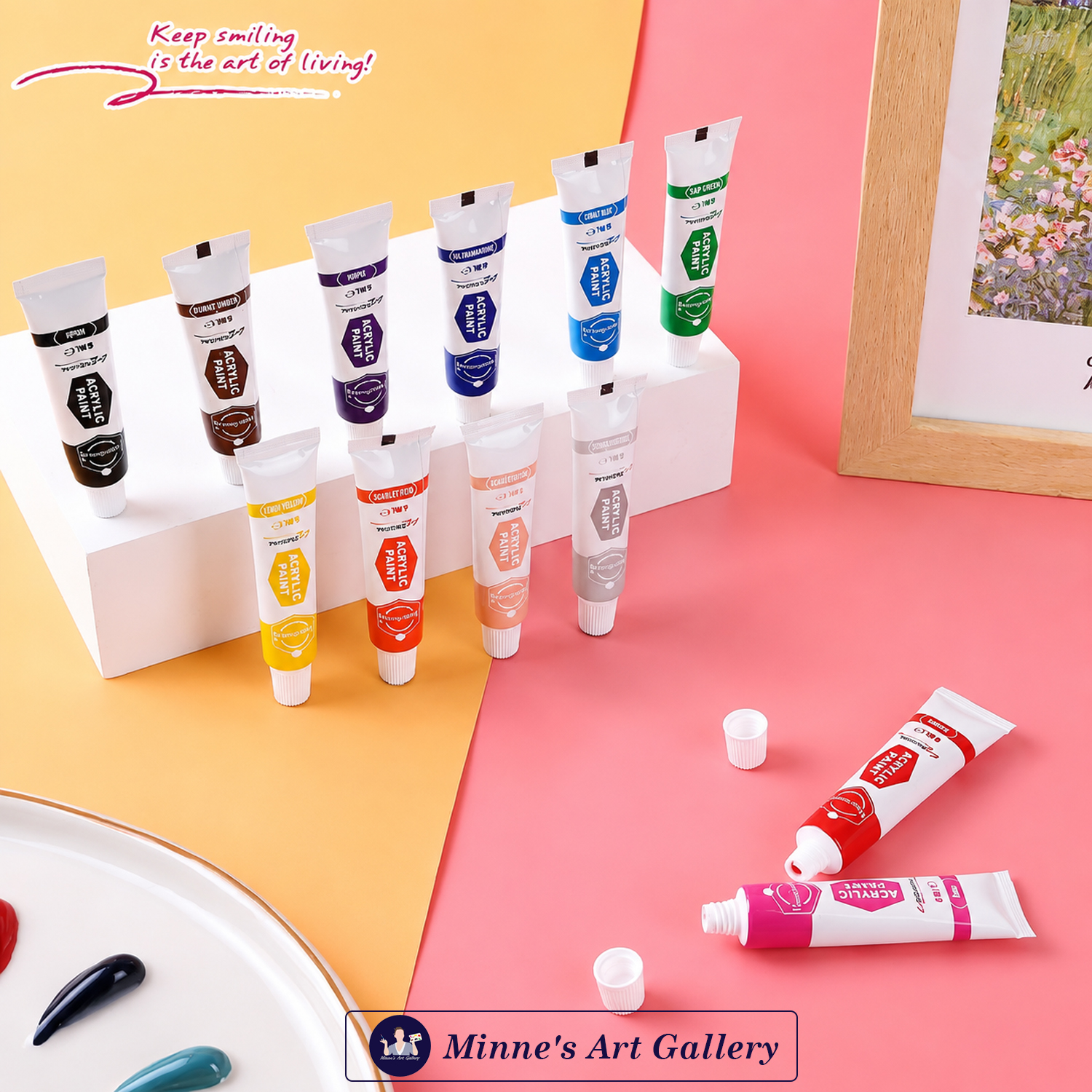 keep-smiling-acrylic-paint-set-12-colors-6ml-creative-white Keep Smiling Acrylic Paint Set – Vibrant Colour Swatches