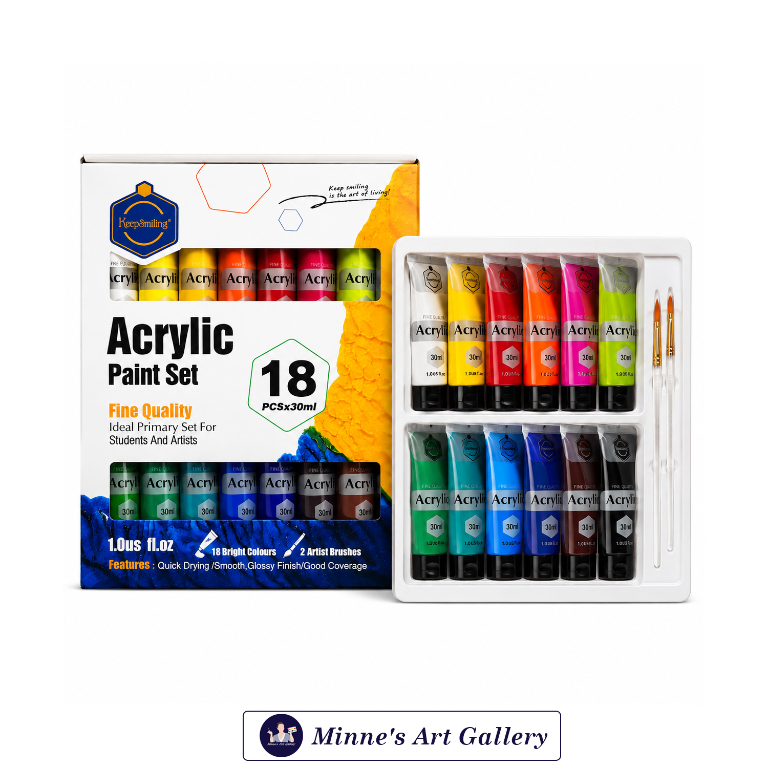 Keep Smiling Acrylic Paint Set – 18 Colors (30ml Tubes) Front View