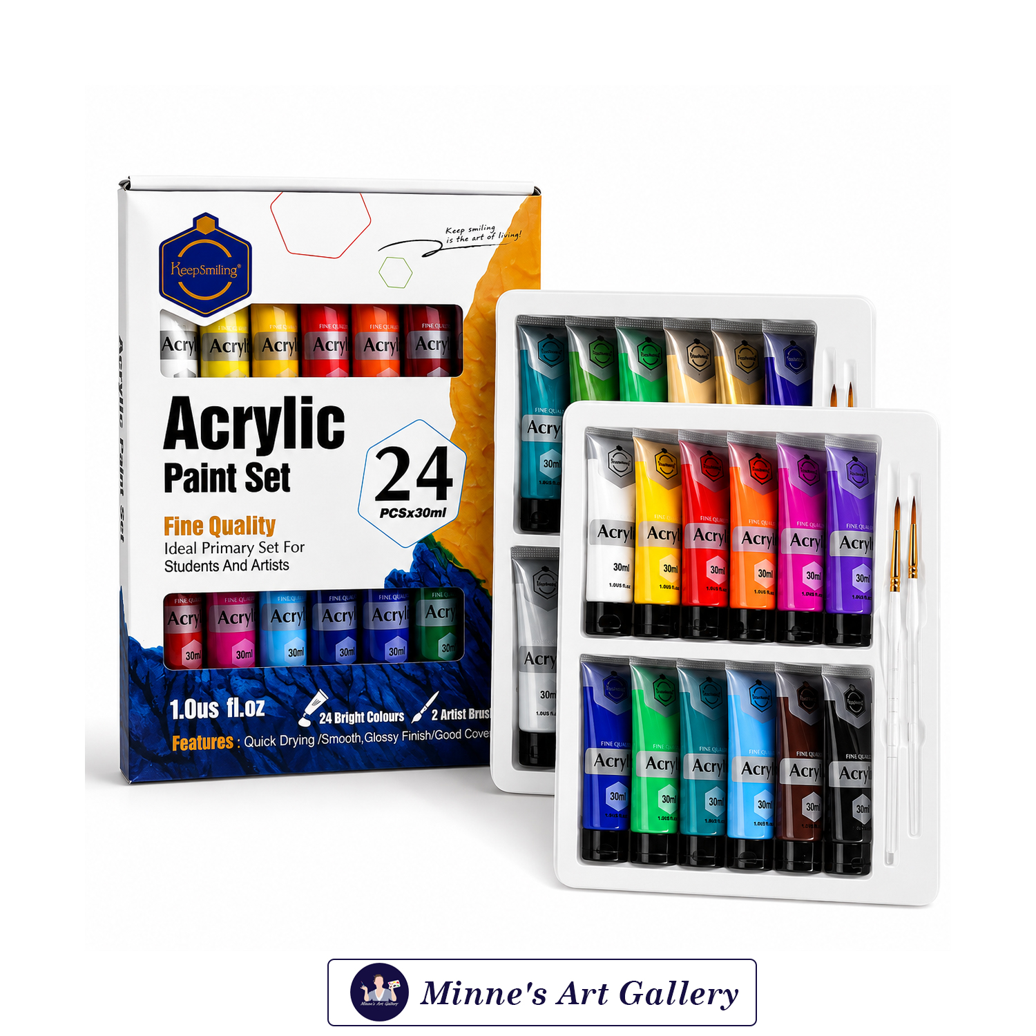 Keep Smiling Acrylic Paint Set – 24 Colors (30ml Tubes) with 2 Artist Brushes Front View