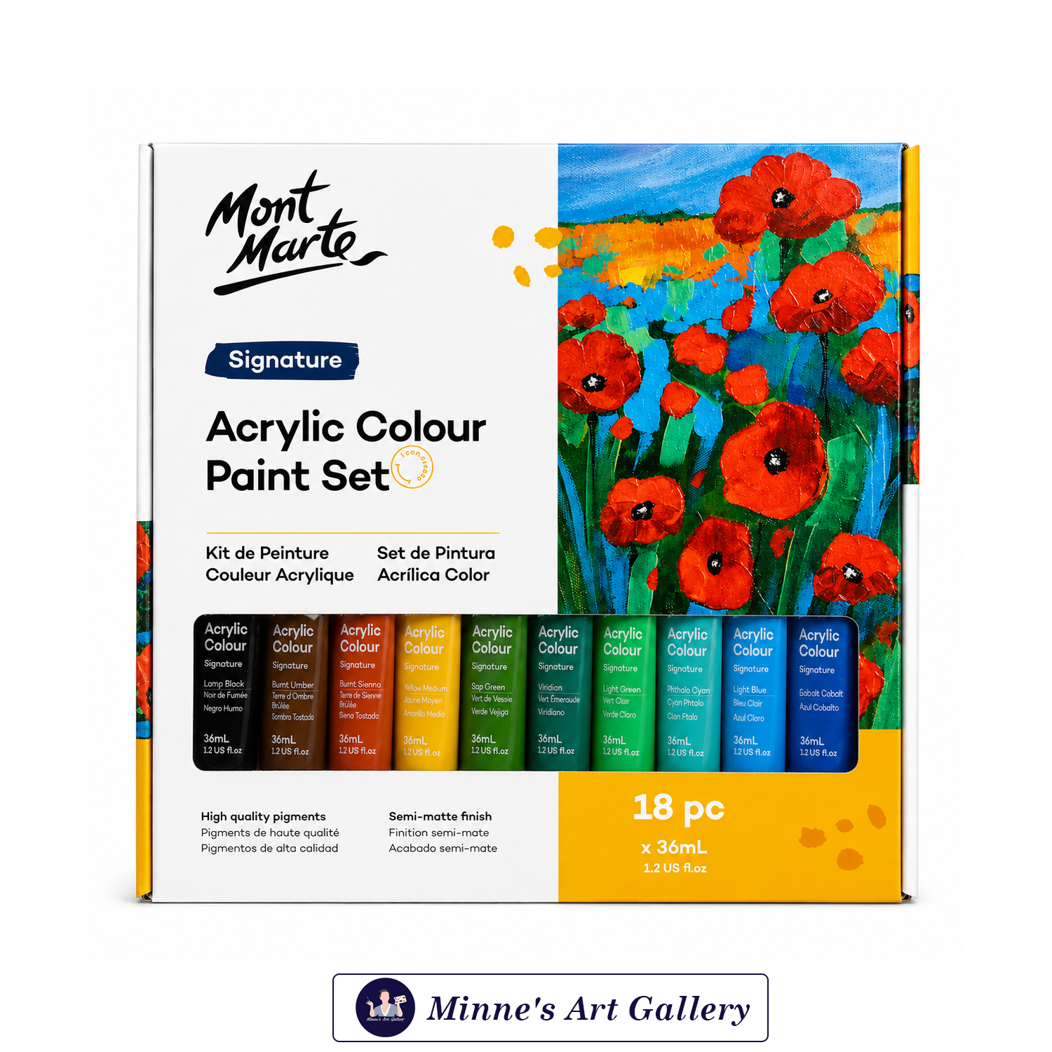 Mont Marte Signature Acrylic Colour Paint Set – 18 Pieces (36ml Tubes) Front View