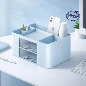 Multi Compartment Desktop Organizer with 2 Drawers (Blue)