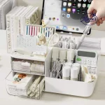 Multi Compartment Desktop Organizer with 2 Drawers (Cream)