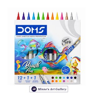 DOMS Brush Pens Set – 14 Pieces (12 Colours + Metallic Silver + Blender) Front View