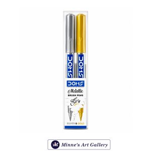 DOMS Metallic Brush Pens – Silver & Gold (2 Pieces, Super Soft Tip) Front View