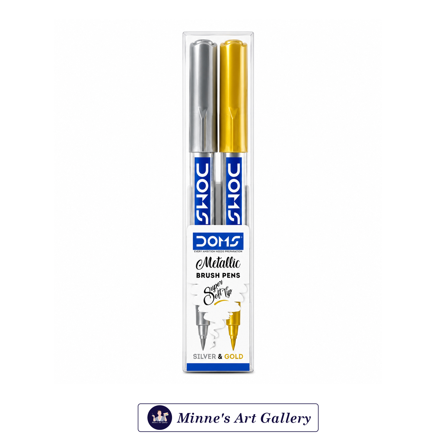 DOMS Metallic Brush Pens – Silver & Gold (2 Pieces, Super Soft Tip) Front View