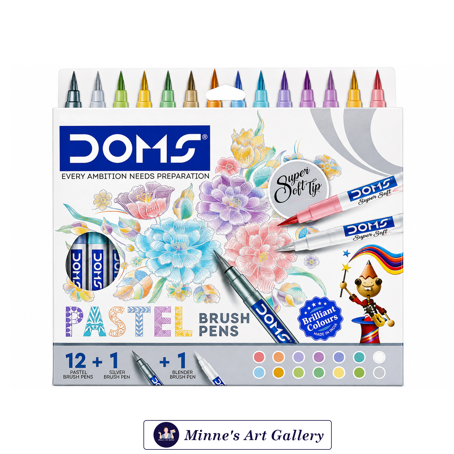 DOMS Pastel Brush Pens Set – 14 Pieces (12 Pastel + Silver + Blender) Front View