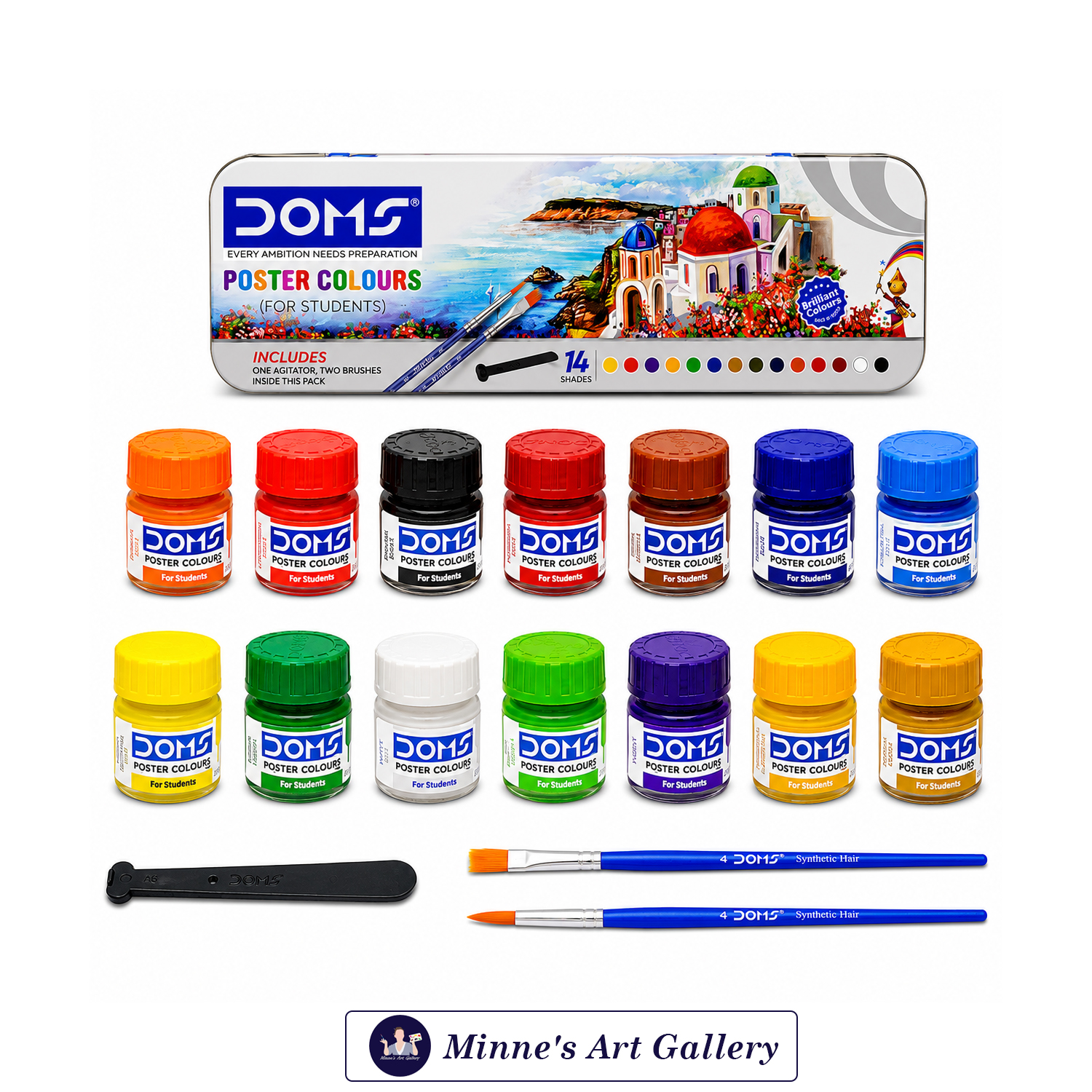 DOMS Poster Colours – 14 Shades with 2 Brushes & Agitator Front View