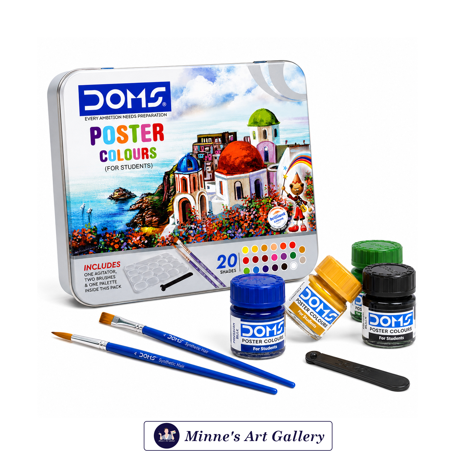 DOMS Poster Colours – 20 Shades with 2 Brushes, Palette & Agitator Front View