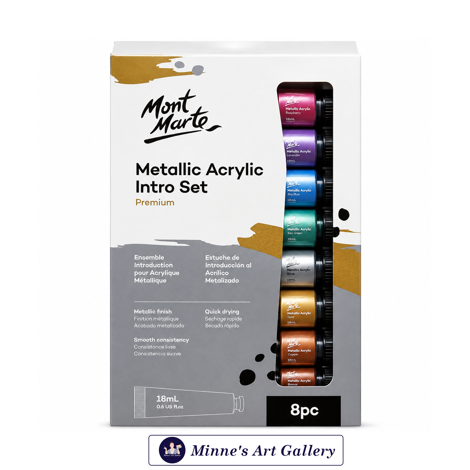 Mont Marte Premium Metallic Acrylic Intro Set – 8 Pieces (18ml Tubes) Front View