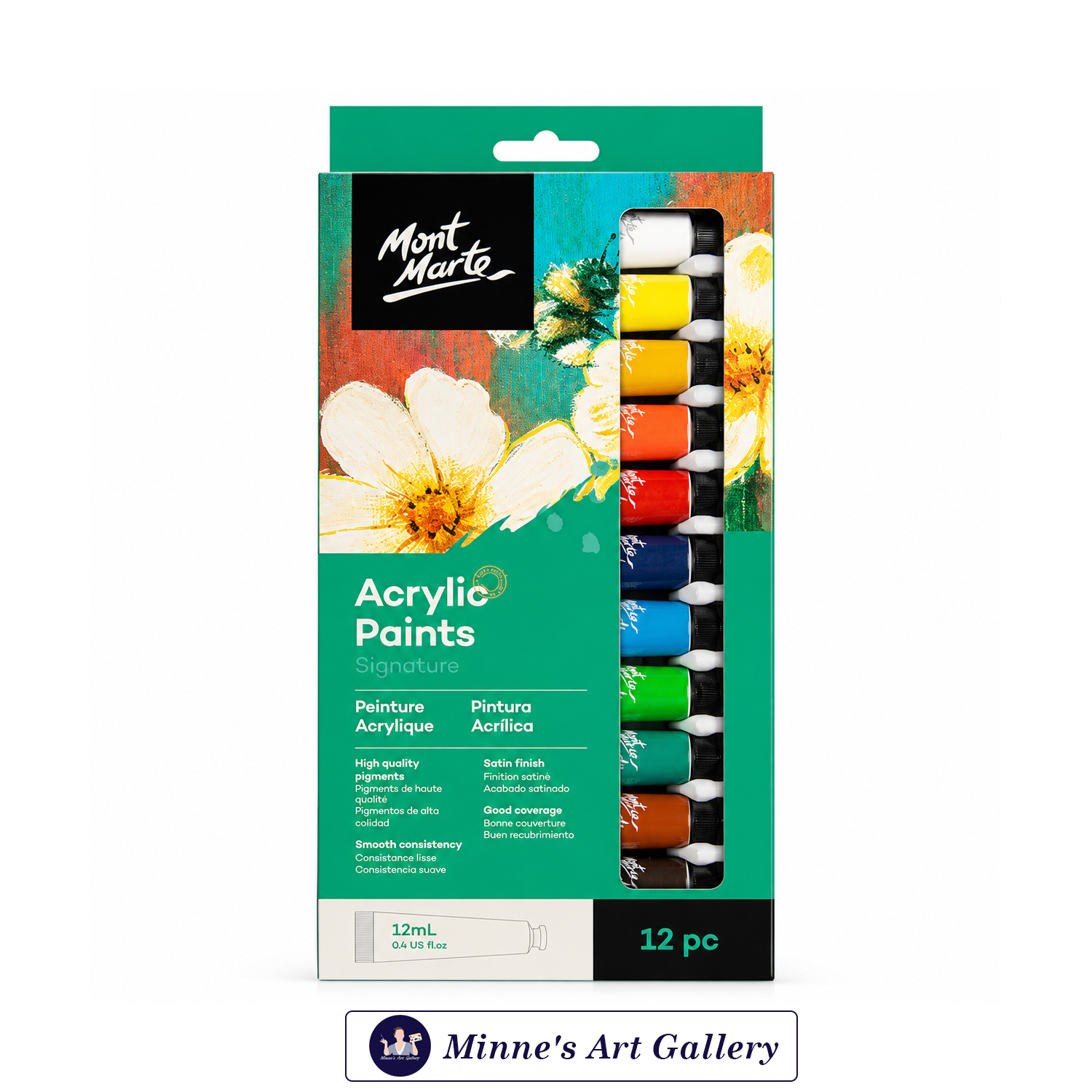 Mont Marte Signature Acrylic Paints – 12 Pieces (12ml Tubes) Front View